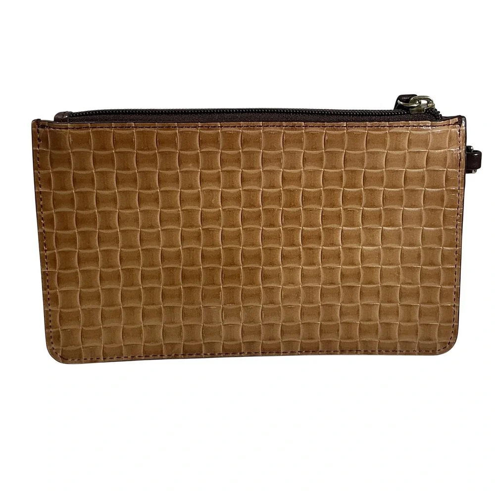 Dooney & Bourke Tan Embossed‎ Woven Leather Wristlet Clutch Bag Brown Trim